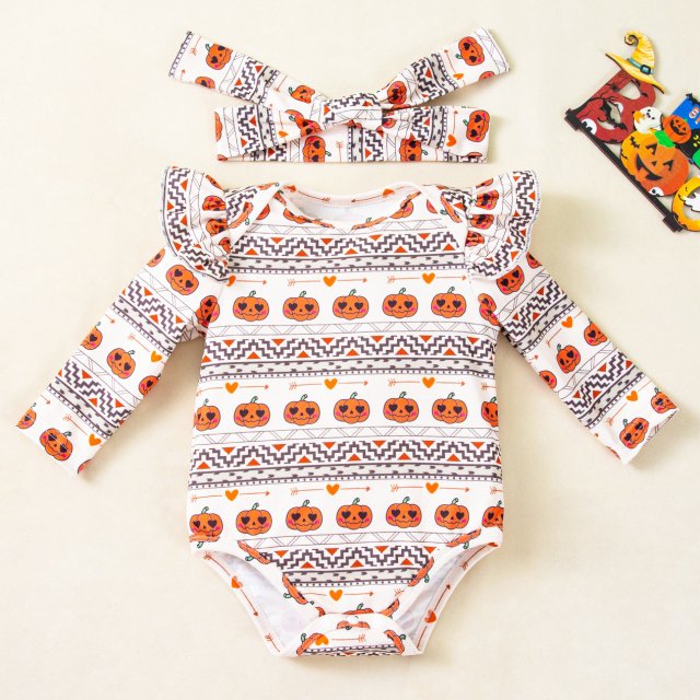 Adorable Pumpkin Puff Sleeve Halloween Bodysuit for Baby Girls