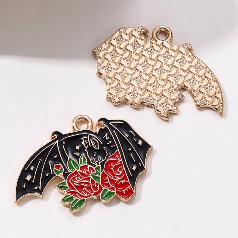 10pcs Halloween Gothic Charms – Skull, Rose, Bat & Heart Enamel Pendants - Image 4