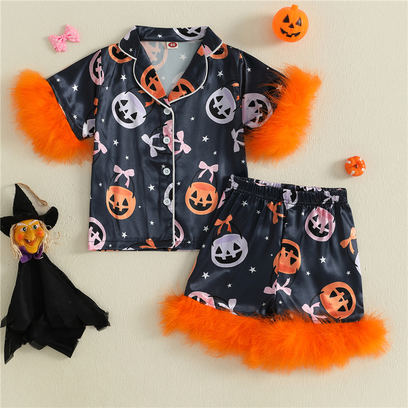 Adorable Pumpkin Print Baby Girl Halloween Pajamas Set