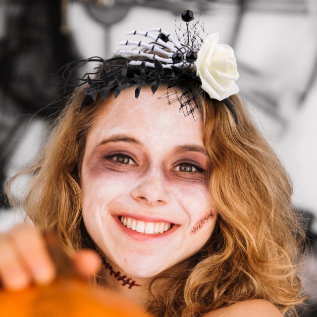 Halloween Skull Antler Flower Headband with Ghost Hand Costume Prop