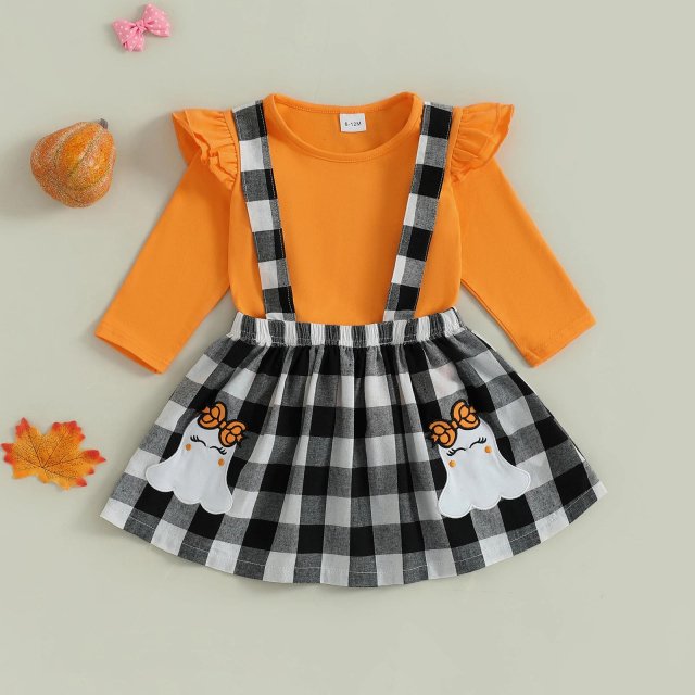 Toddler Baby Girl Halloween Outfit Long Sleeve Top & Ghost Plaid Suspender Skirt