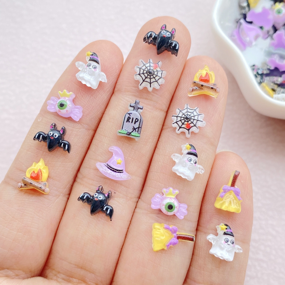 100Pcs Halloween Nail Art Charms - Cute 3D Bat & Ghost Resin Decorations - Image 2