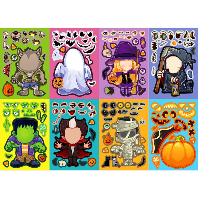 Halloween Make-A-Face Puzzle Sticker Set – 8/16 Sheets for Kids, Party Favors & DIY Fun