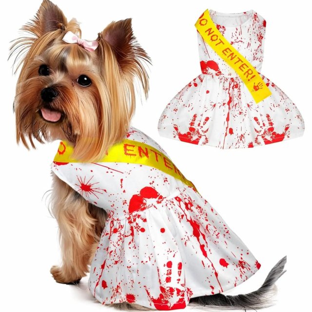 Halloween Pet Costume Bloody Handprint Dress with ‘Do Not Enter’ Sash
