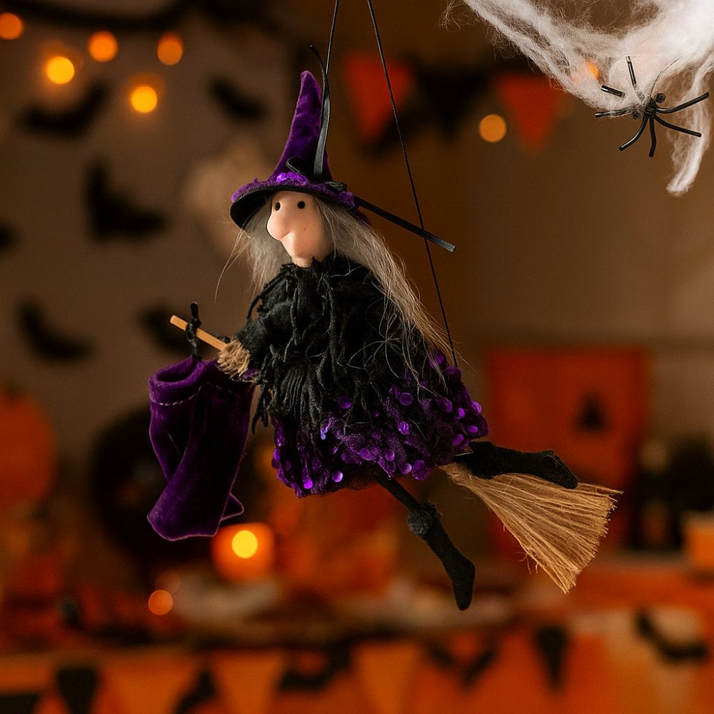 Hanging Witch Ornament with Broomstick for Halloween Decor - Image 4