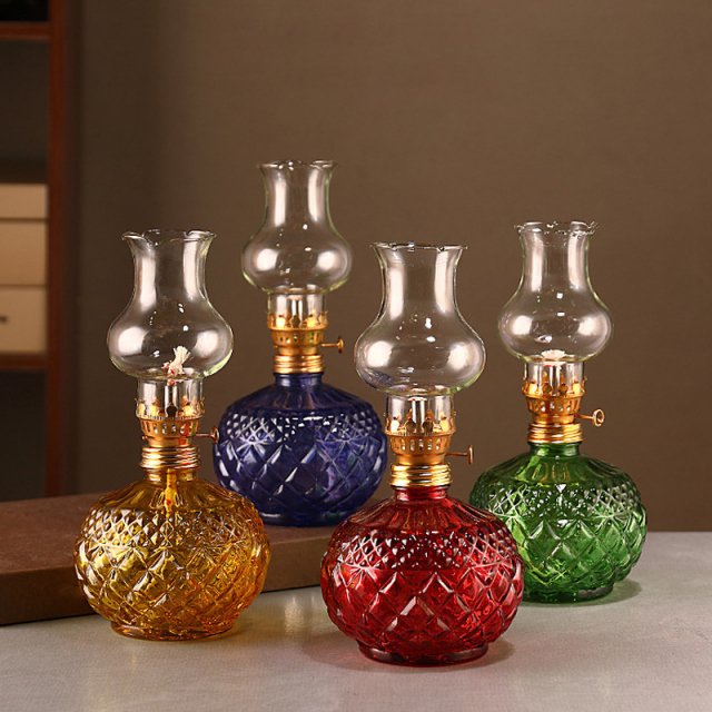 Vintage Colorful Glass Oil Lamp Retro Kerosene Holder for Home & Wedding Décor