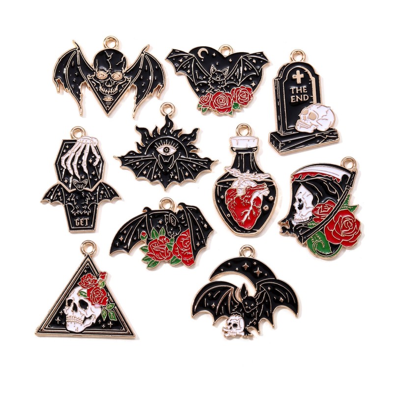 10pcs Halloween Gothic Charms – Skull, Rose, Bat & Heart Enamel Pendants - Image 2