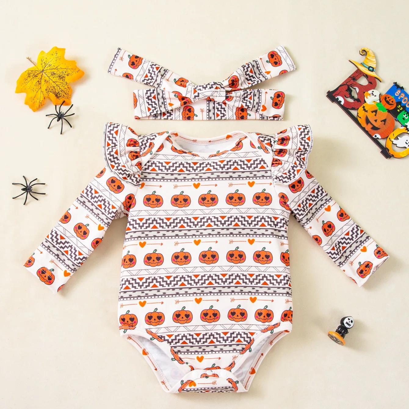 Adorable Pumpkin Puff Sleeve Halloween Bodysuit for Baby Girls - Image 3