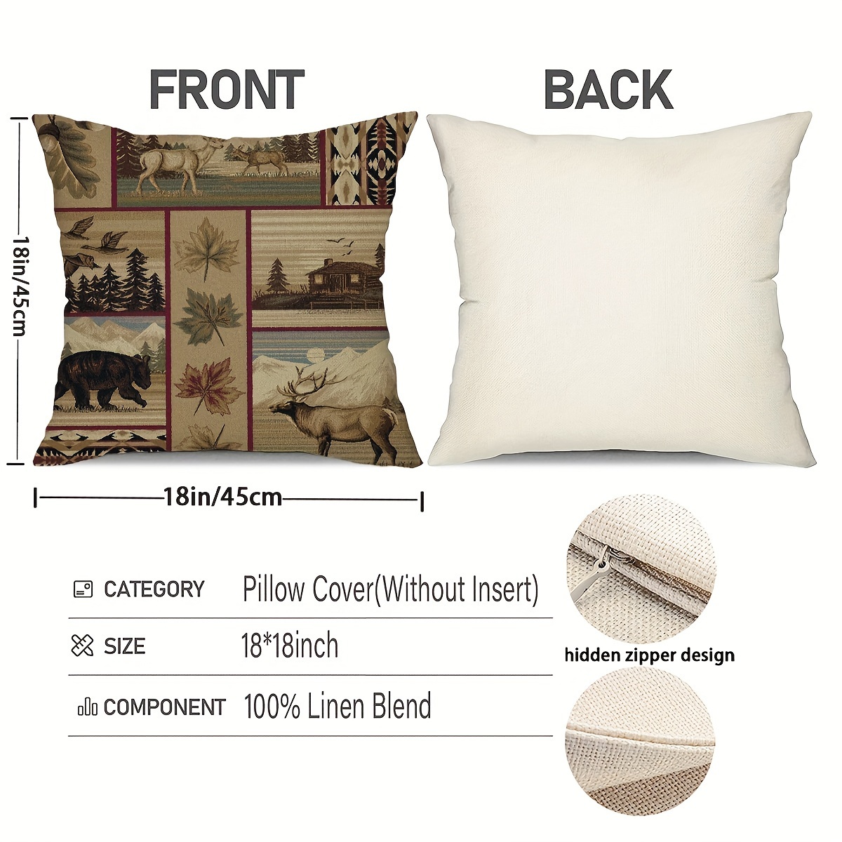 Rustic Bear & Elk Linen Blend Throw Pillow Cover 18x18 with Zip Closure - Image 6