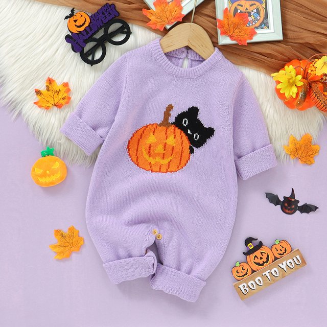 Knitted Halloween Baby Romper Pumpkin Cat Jumpsuit 0-18M