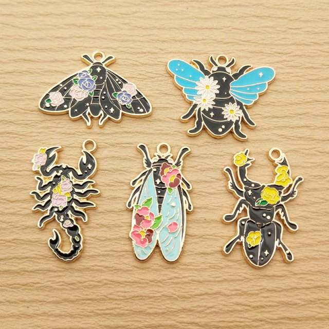 10-Piece Flower and Insect Charms for Jewelry Making - Enamel Pendants