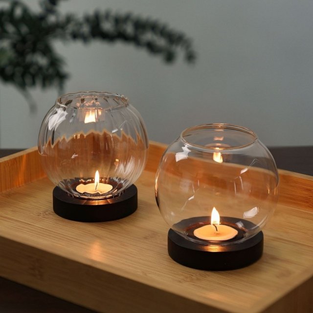 Romantic Glass Candle Holder with Wooden Base – Tealight Table Decoration