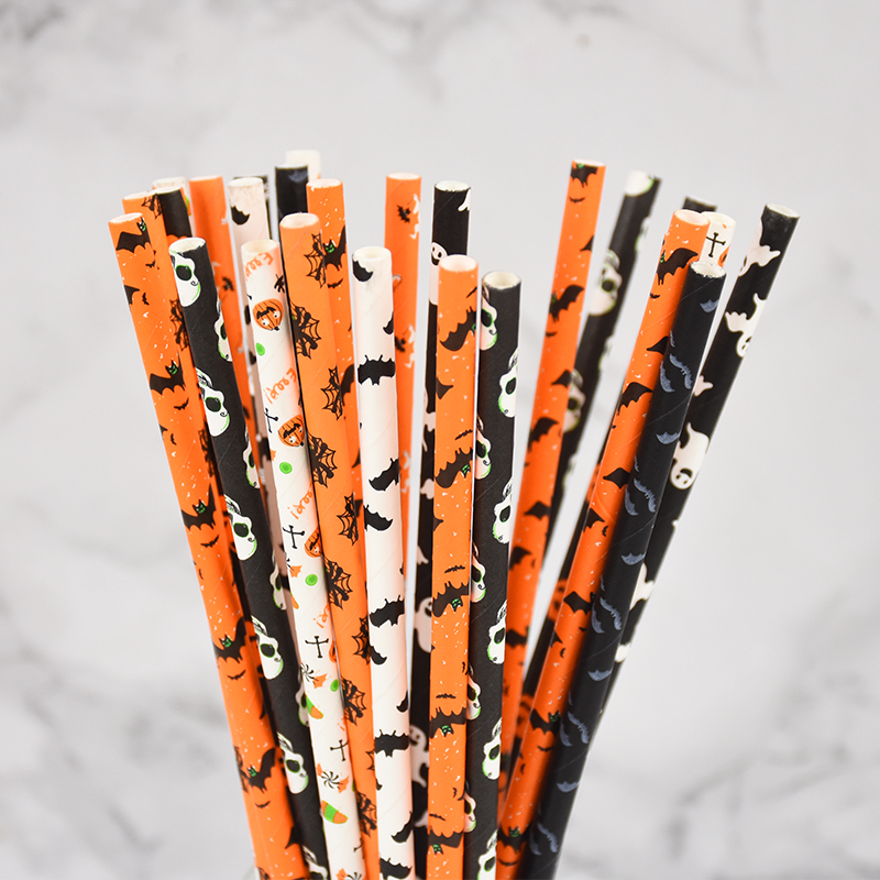Halloween Paper Straws with Pumpkin, Bat, Spider & Ghost Designs - 50 Pcs - Image 3