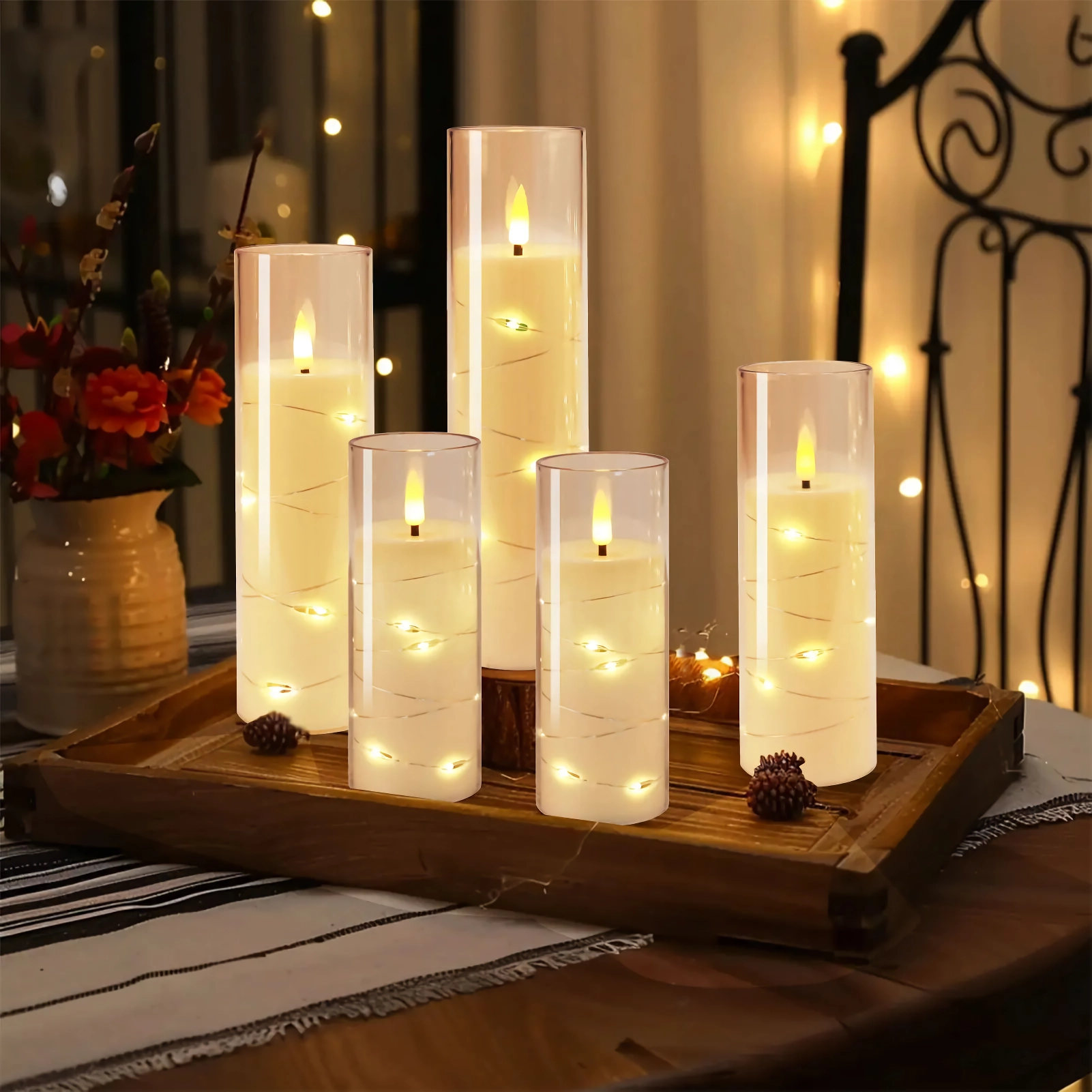 5Pc Flameless LED Candles with Star String & Remote Control – Flickering Tealight Set with Timer