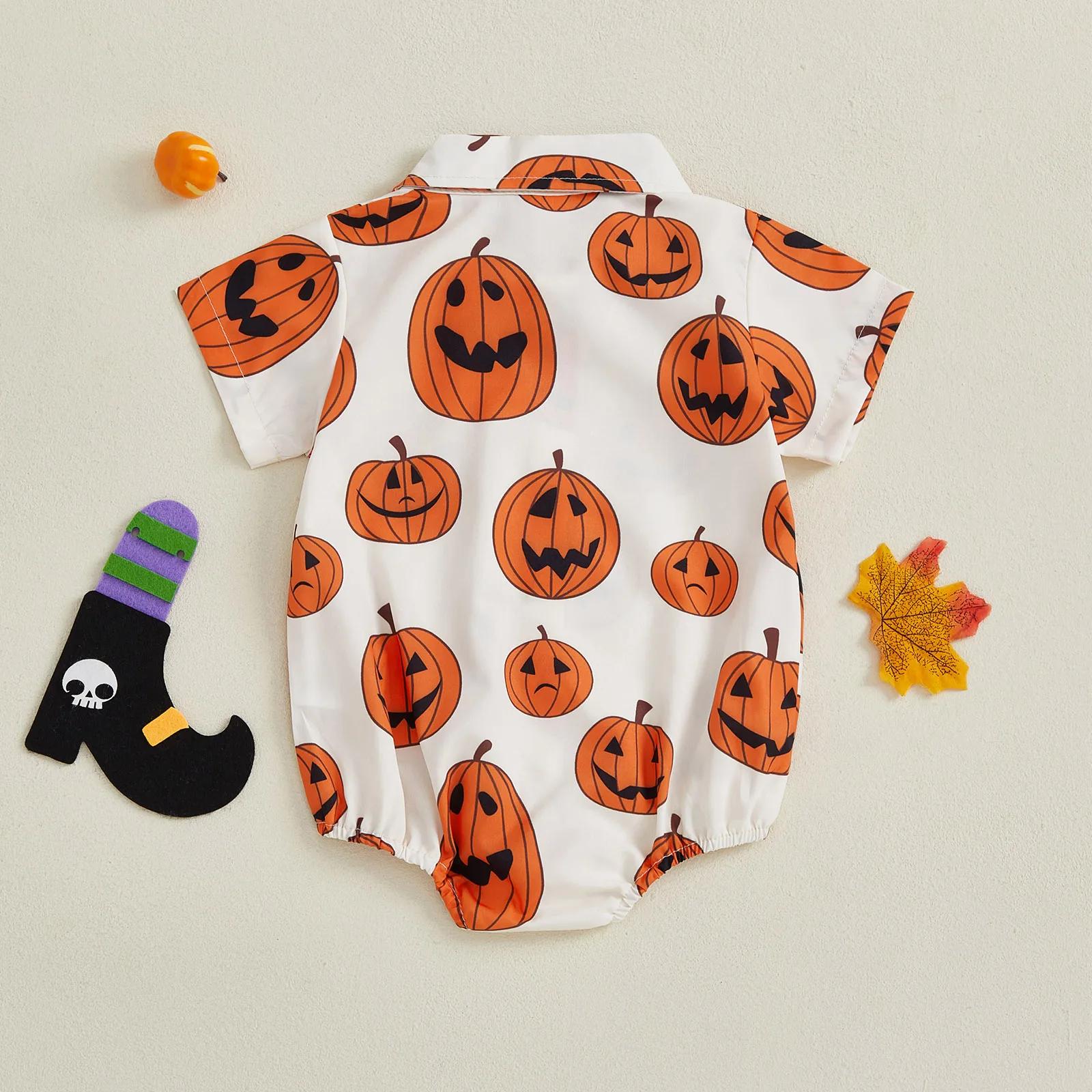 Infant Baby Boy Halloween Pumpkin Print Short Sleeve Gentleman Romper - Image 3
