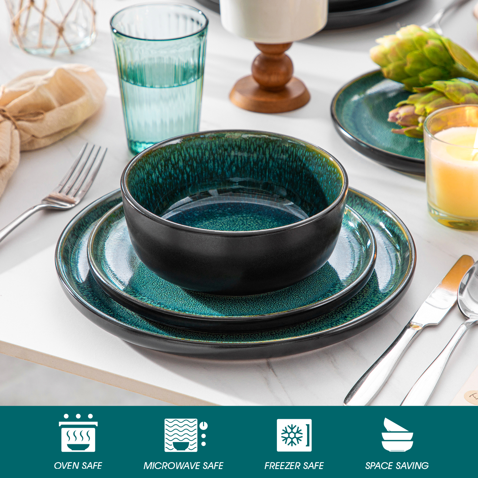 Green Reactive Glaze Dinnerware Set – Oven Safe Stoneware - Image 3