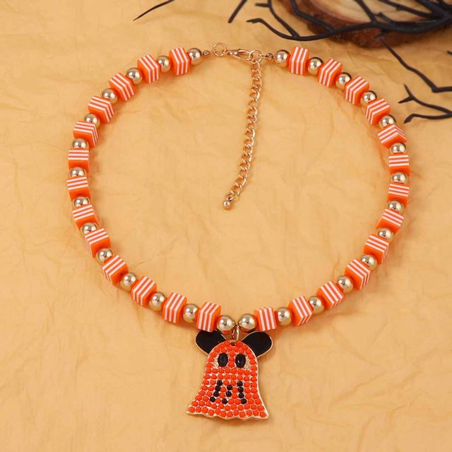 Halloween Ghost Pendant Necklace with Geometric Beaded Design