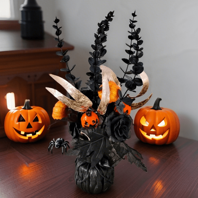 Halloween Gothic Pumpkin & Black Rose Floral Branch 16.5 inch