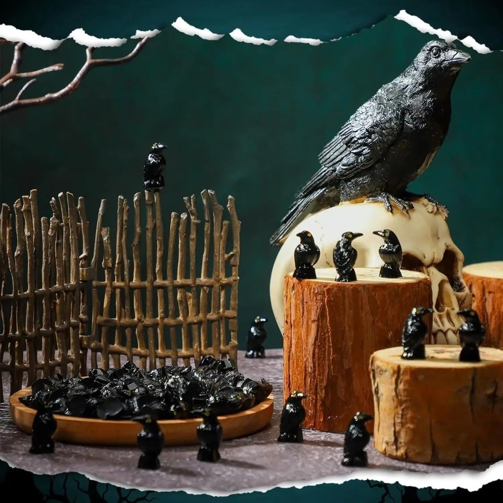 10pcs Realistic Mini Halloween Crow Figurines Resin Black Bird Decorations - Image 3