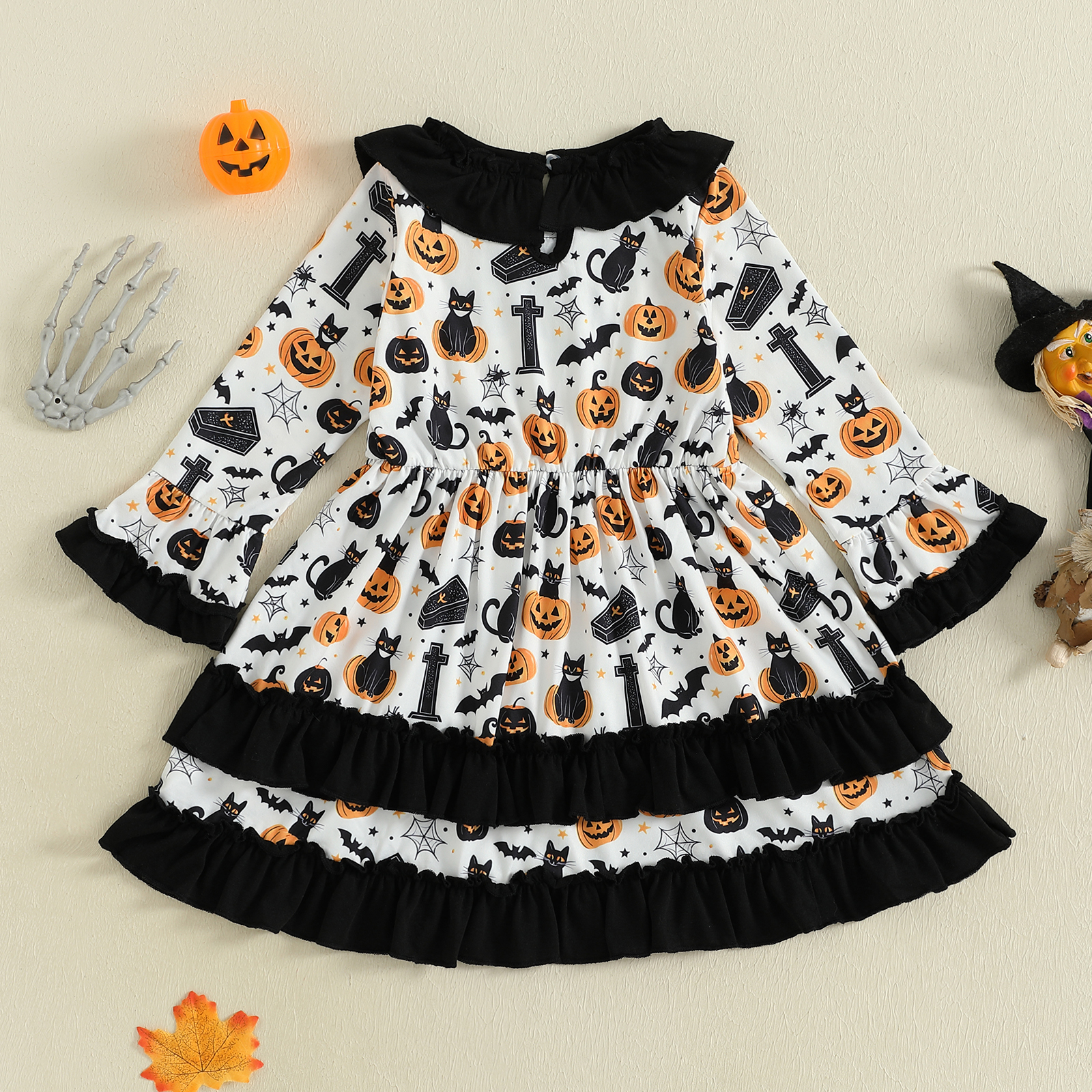 Toddler Girl Halloween A-Line Dress with Pumpkin & Black Cat Print - Image 2