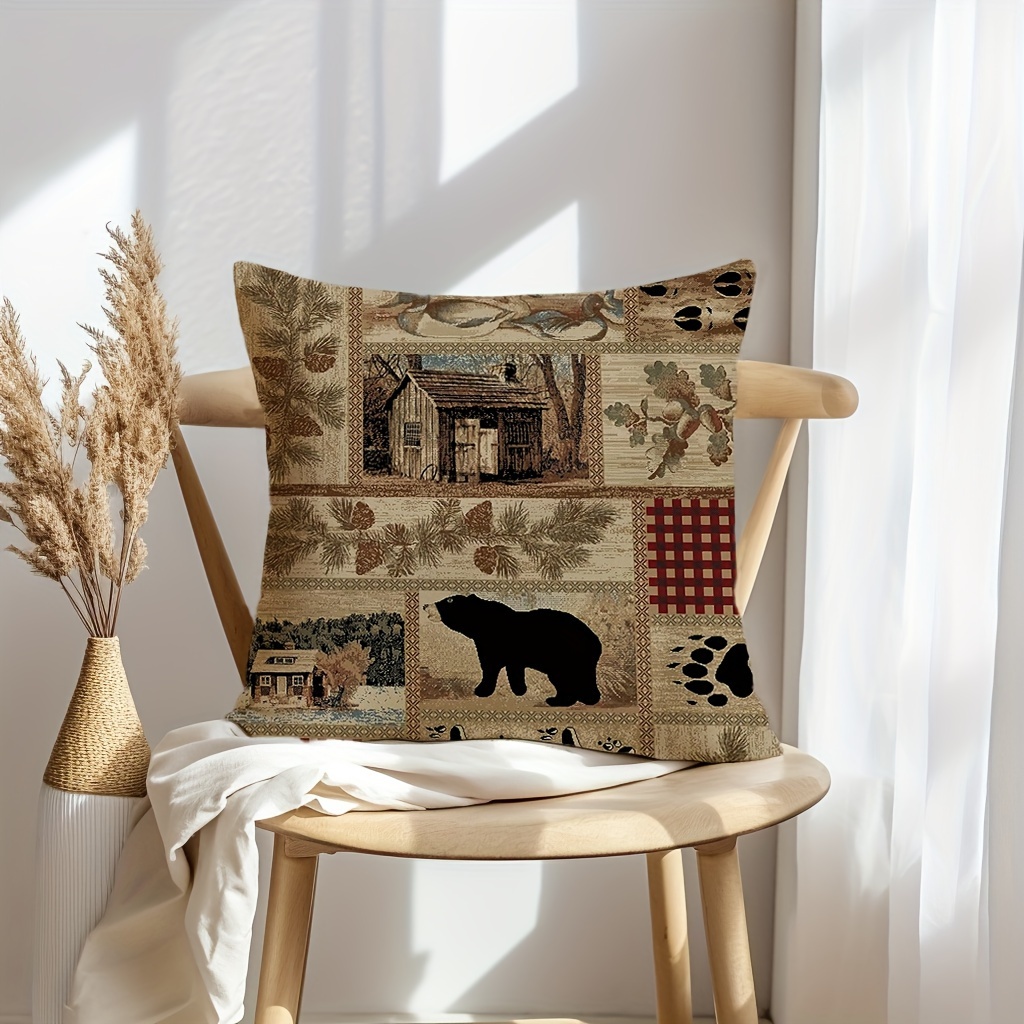 Rustic Bear & Elk Linen Blend Throw Pillow Cover 18x18 with Zip Closure - Image 5