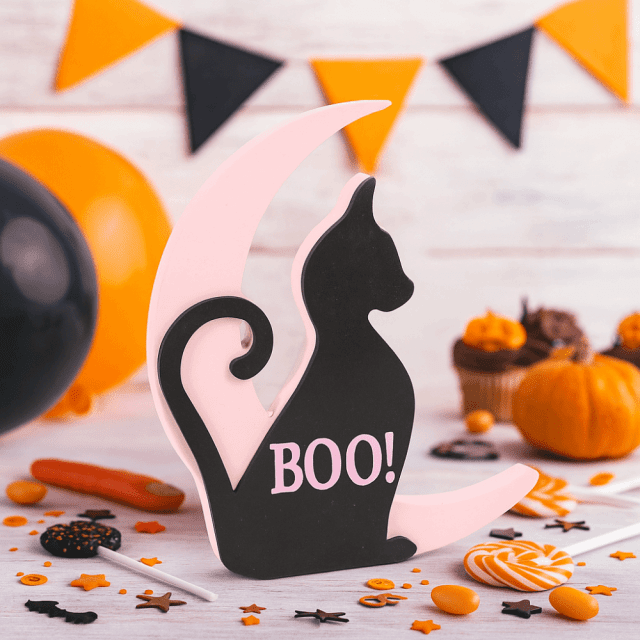 Wooden Moon Witch Halloween Decoration with Black Cat Ornament
