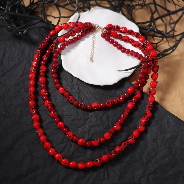 Halloween Gothic Skull Necklace with Red Multi-Layered Design