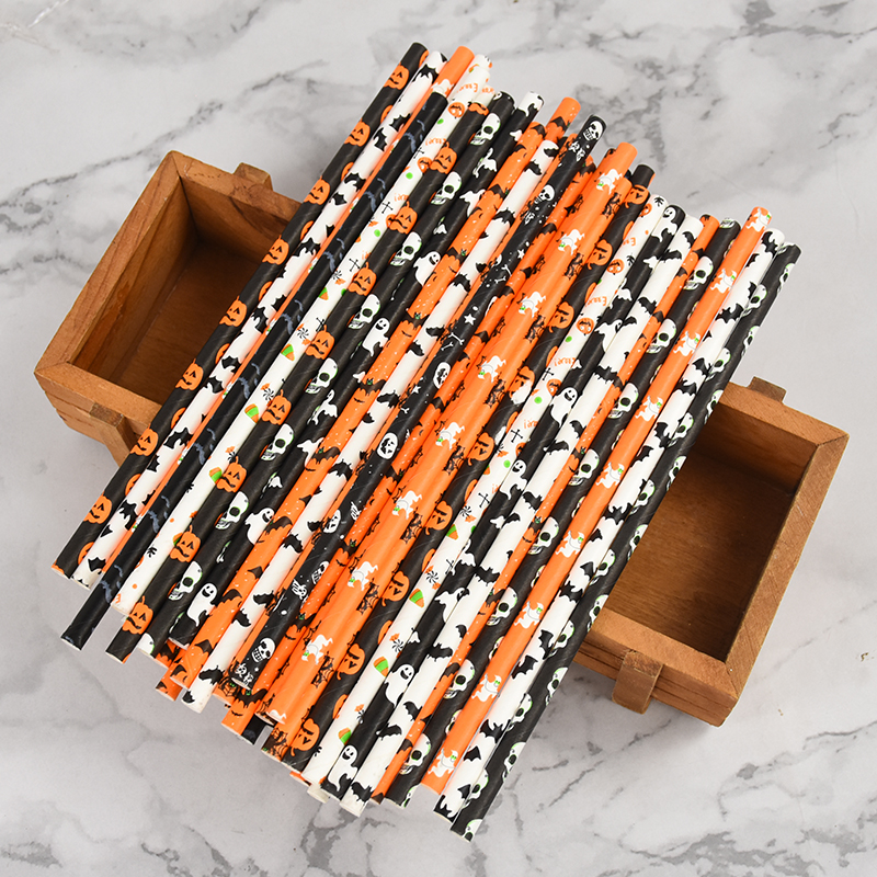Halloween Paper Straws with Pumpkin, Bat, Spider & Ghost Designs - 50 Pcs