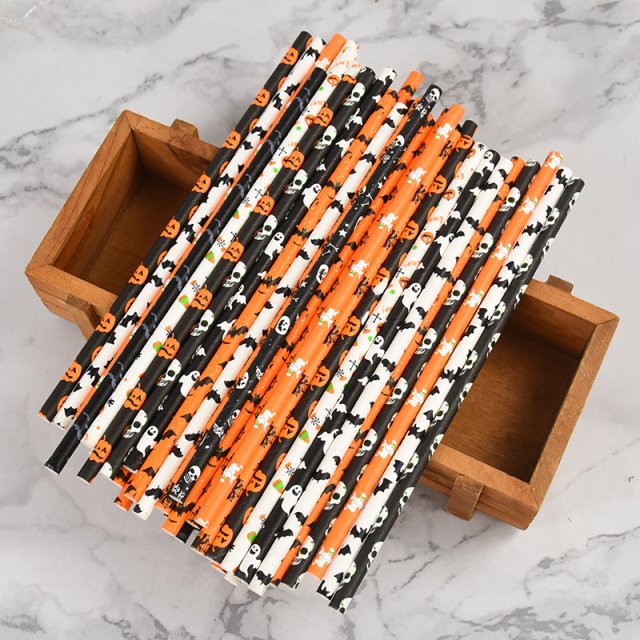 Halloween Paper Straws with Pumpkin, Bat, Spider & Ghost Designs - 50 Pcs
