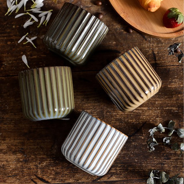 Vertical Striped Ceramic 180ml Teacup - Small Sake, Coffee, & Sushi Mug