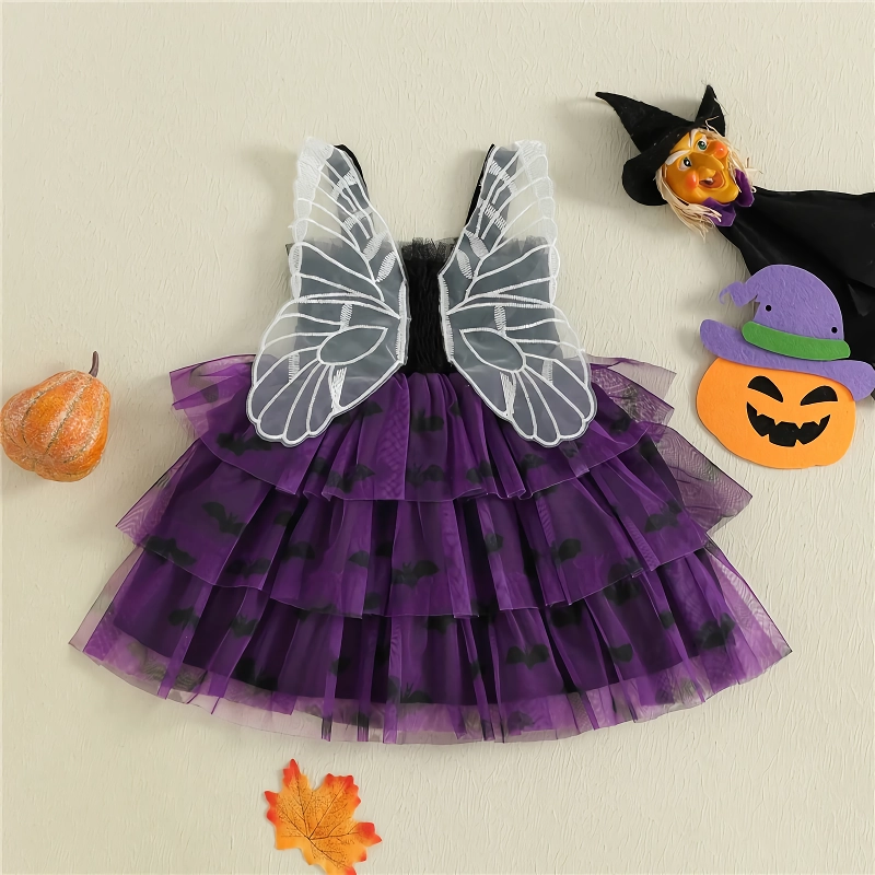 Toddler Baby Girl Halloween Dress with Bat and Ghost Prints & Butterfly Wings - Image 3