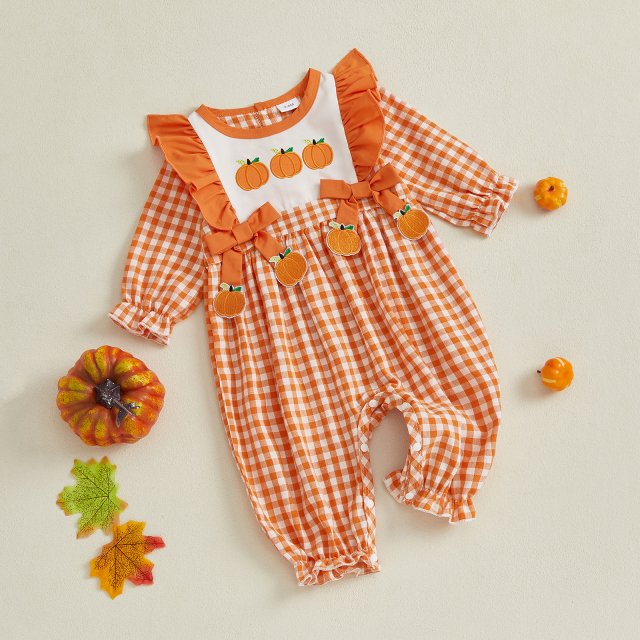 Baby Girls Plaid Romper with Pumpkin and Turkey Embroidery