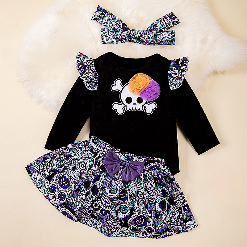 Baby Girl Halloween Puff Sleeve Bodysuit with Skull Skirt and Bow Headband