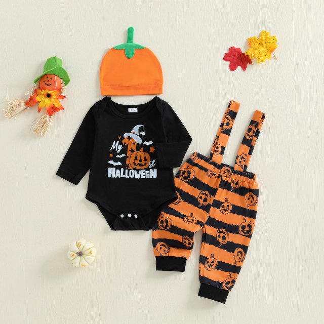 Baby Halloween Outfit 3Pcs Set Romper Pumpkin Pants & Hat