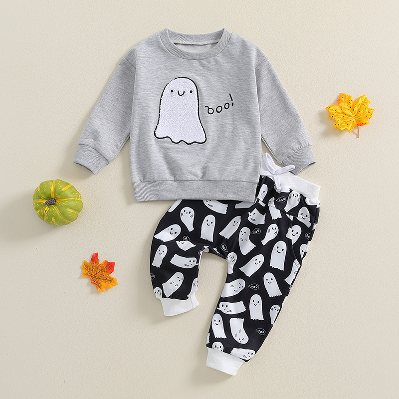Baby Boy Halloween Tracksuit Set Ghost Embroidery Sweatshirt & Pants