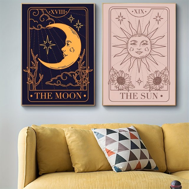 Retro Canvas Wall Art Sun Moon Tarot Poster for Home Decoration