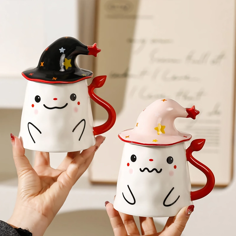 Halloween Ceramic Ghost Mug with Lid - Cute Ghost Magic Hat Coffee Cup - Image 2