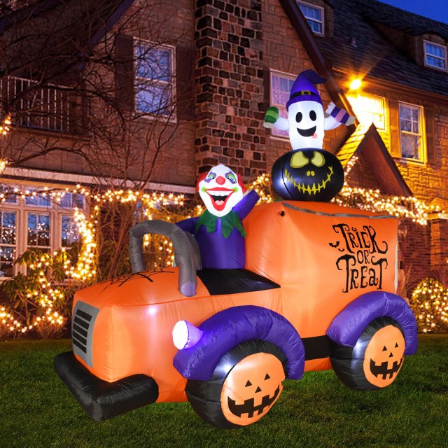 8FT Halloween Inflatable Clown Truck with Skeleton & Pumpkin LED Yard Decor