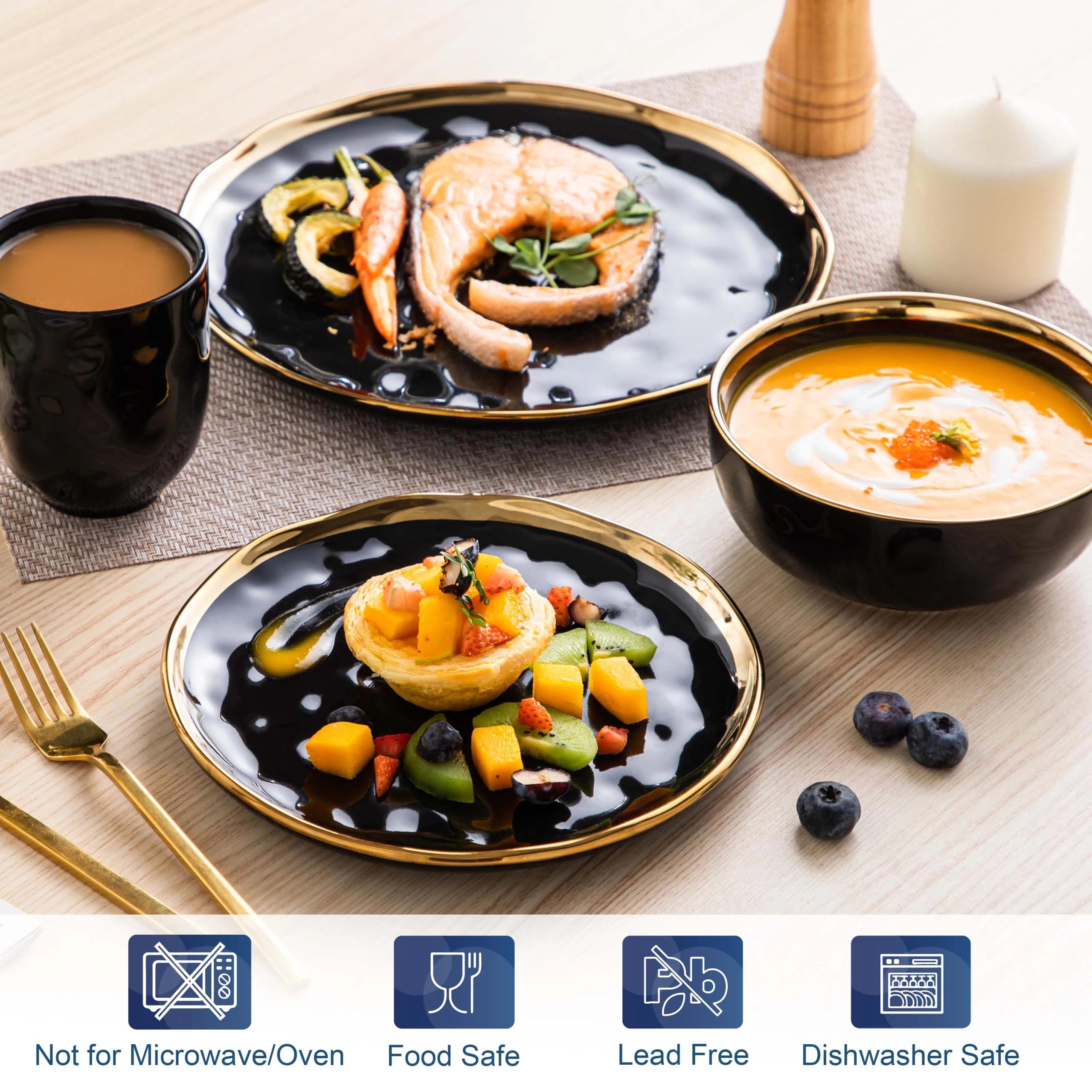 Black Porcelain Dinnerware Set with Gold Trim - Image 3