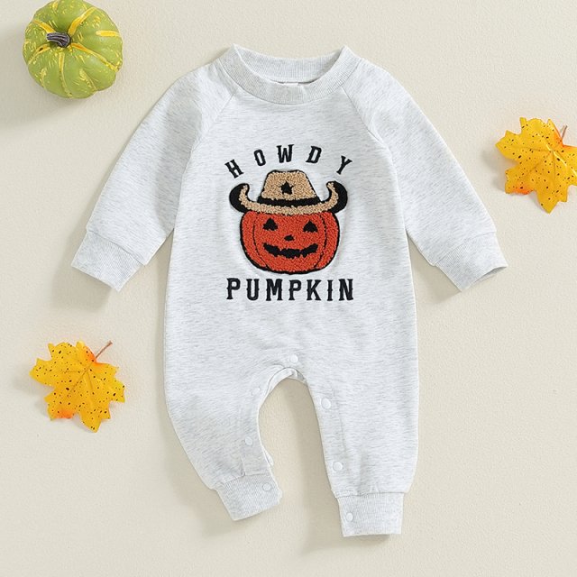 Baby Boy Halloween Romper Pumpkin & Ghost Embroidered Long Sleeve Jumpsuit