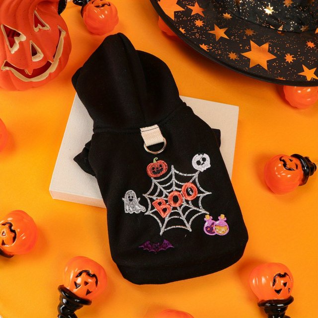 Halloween Spider Web Pet Hoodie with Pumpkin Embroidery