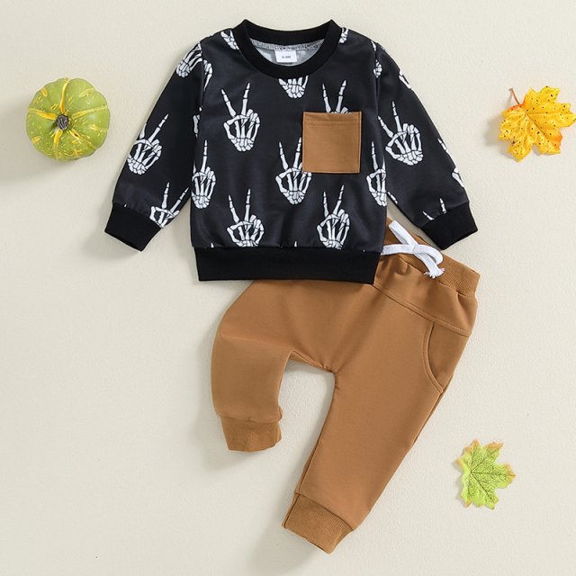 Baby Boy Halloween Skull Hand Outfit 2 Piece Set Long Sleeve Top & Pants