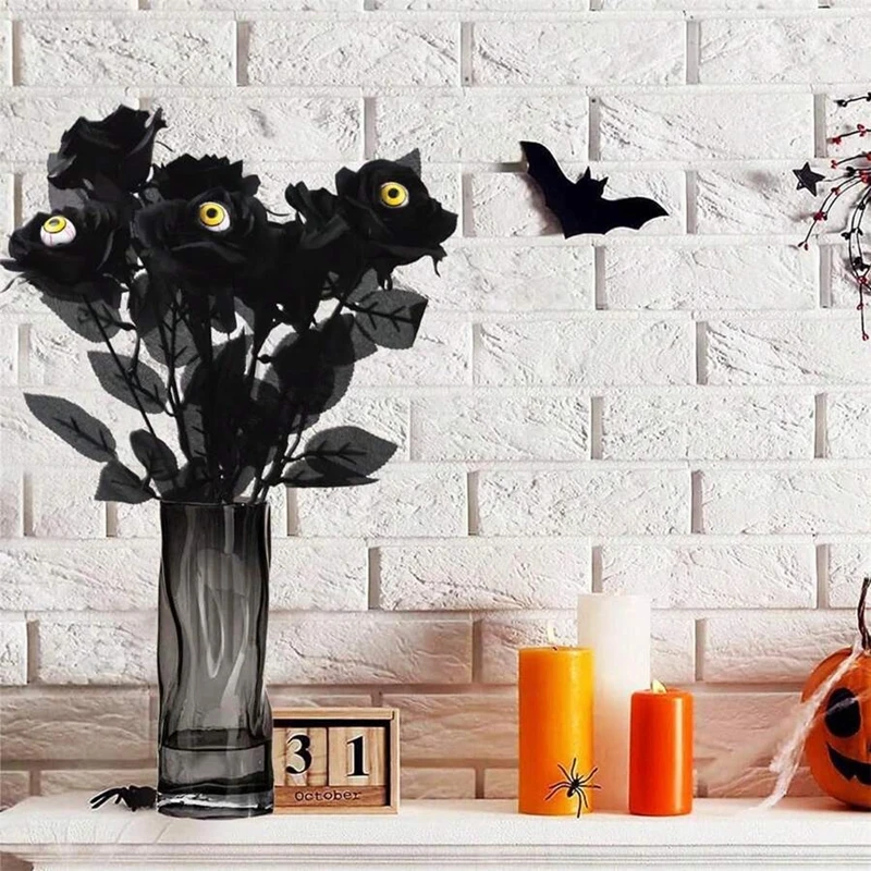 Halloween Black Rose with Eyeball – Scary Silk Flower Decor (5pcs) - Image 3