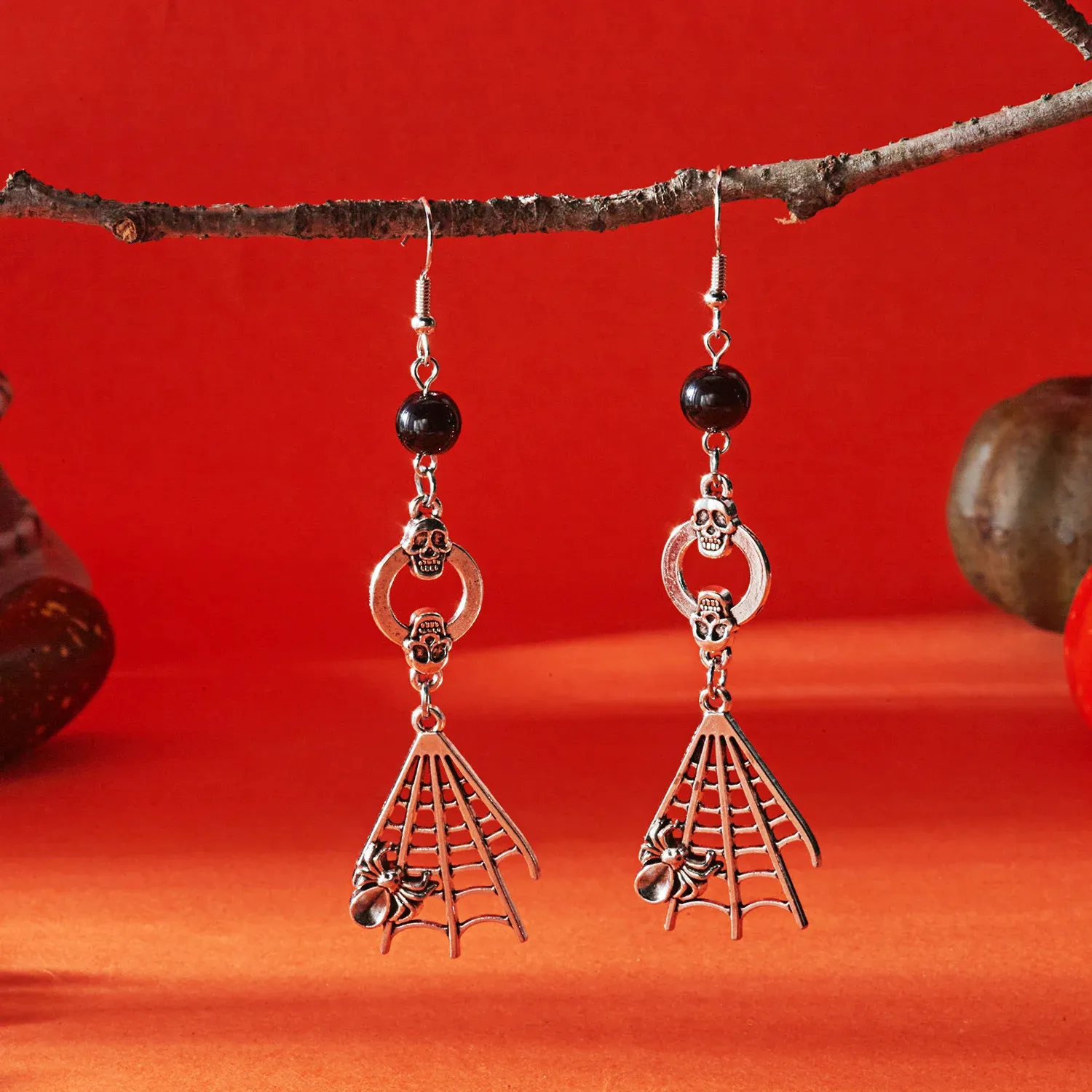 Gothic Halloween Skull & Spider Web Dangle Earrings – Silver Skeleton Jewelry - Image 2