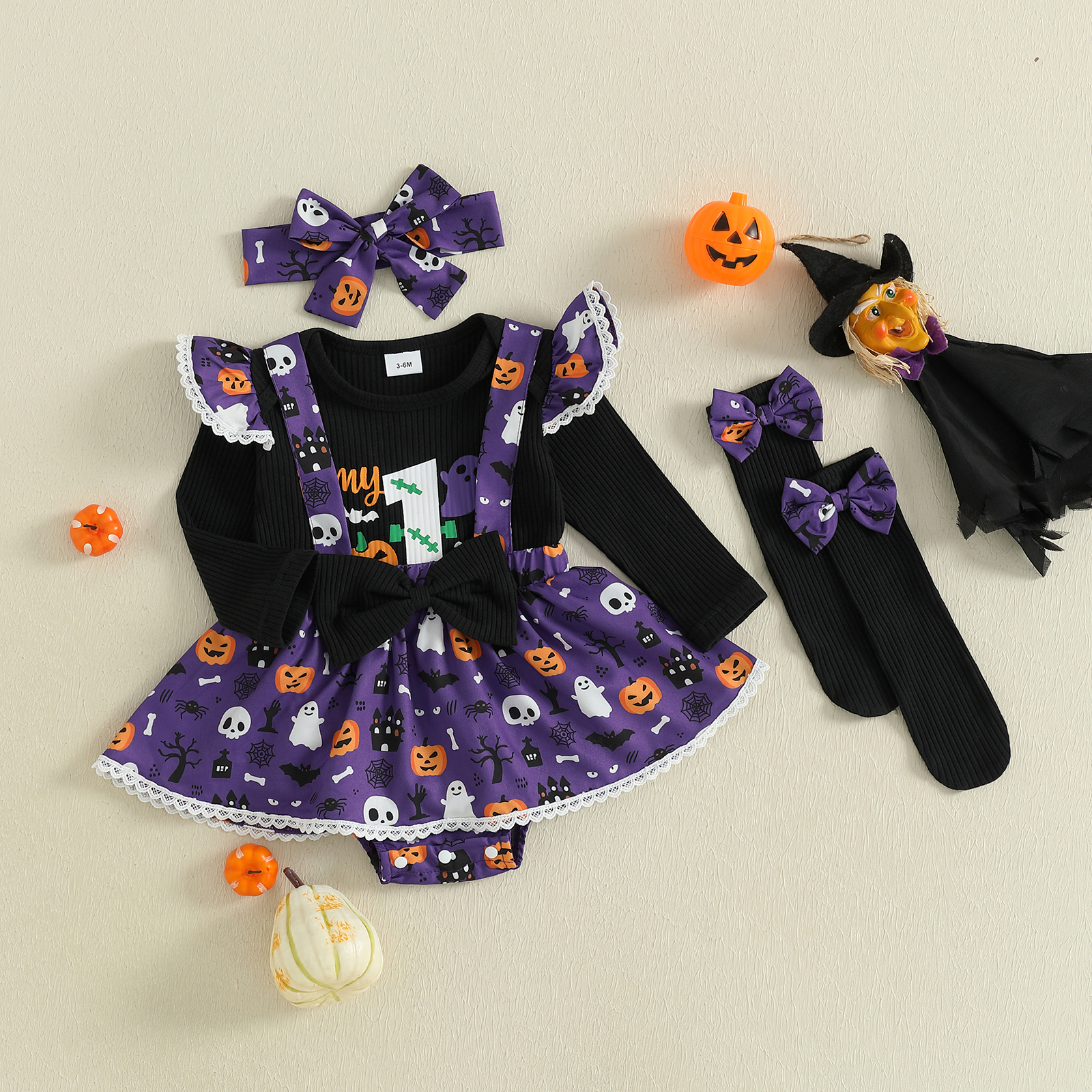 Baby Girl Halloween Outfit 4Pcs Set Romper Skirt Headband Socks - Image 2