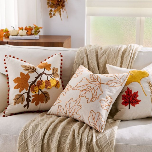 Autumn Maple Leaf Embroidered Pillowcase Cushion Cover 18x18 Inch