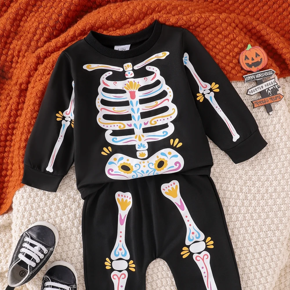 Baby Halloween Skeleton Print Outfit Set - Toddler Day of the Dead Top & Pants - Image 4