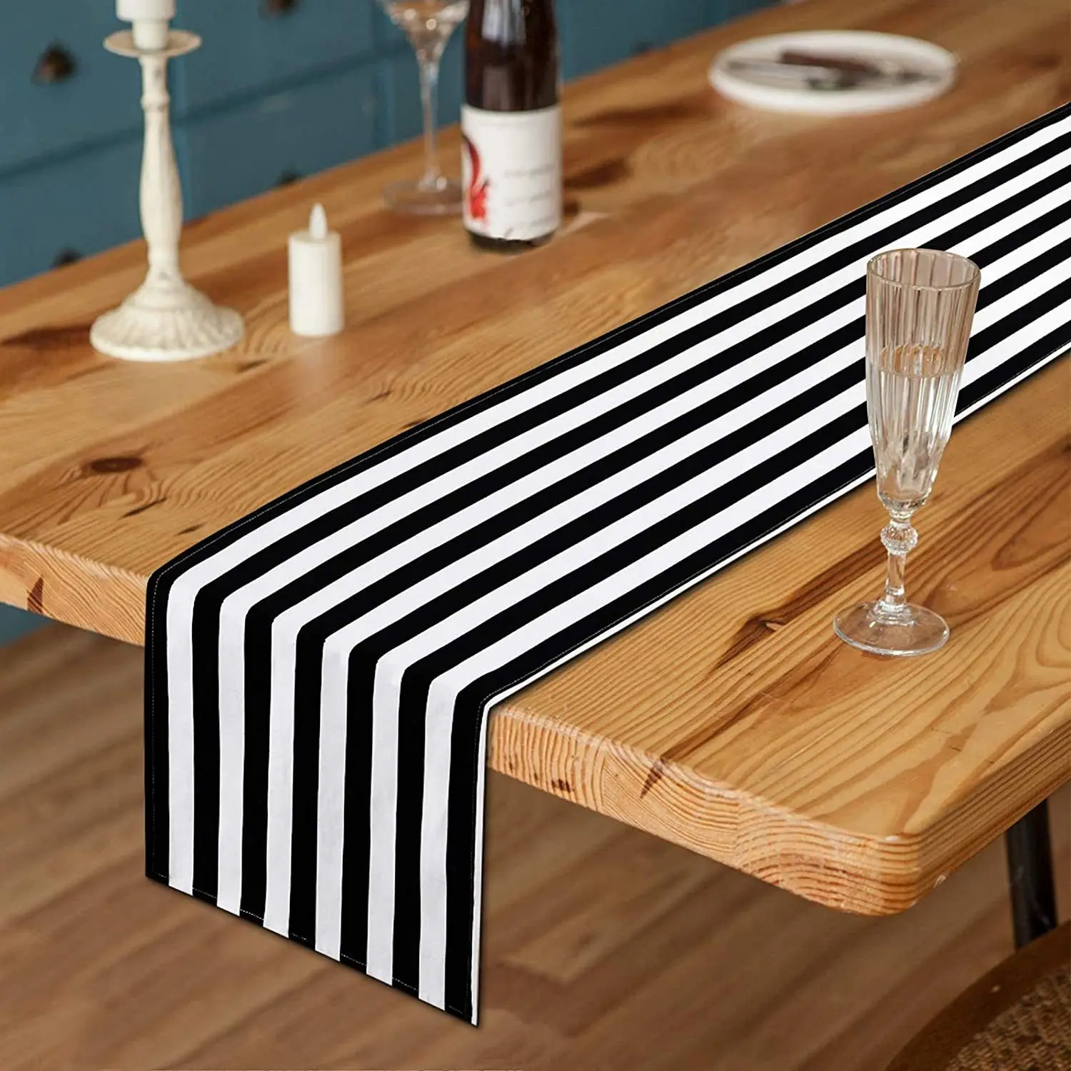 Elegant Black and White Striped Polyester Table Runner for Parties & Events