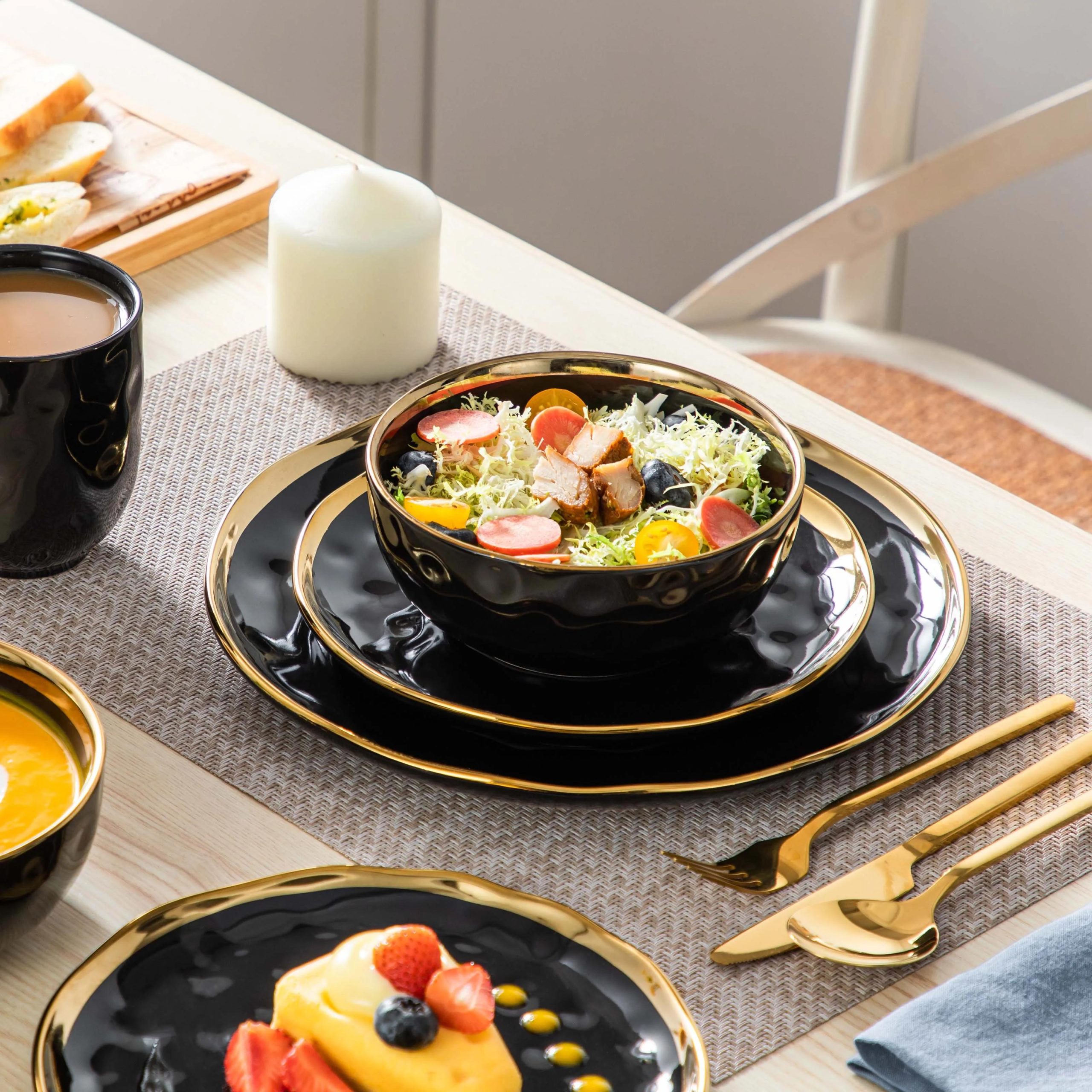 Black Porcelain Dinnerware Set with Gold Trim - Image 5