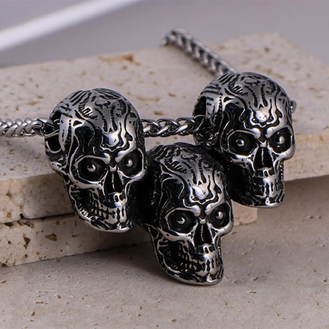 Men's Gothic Skull Pendant Necklace – Three Demon Heads Rock Jewelry